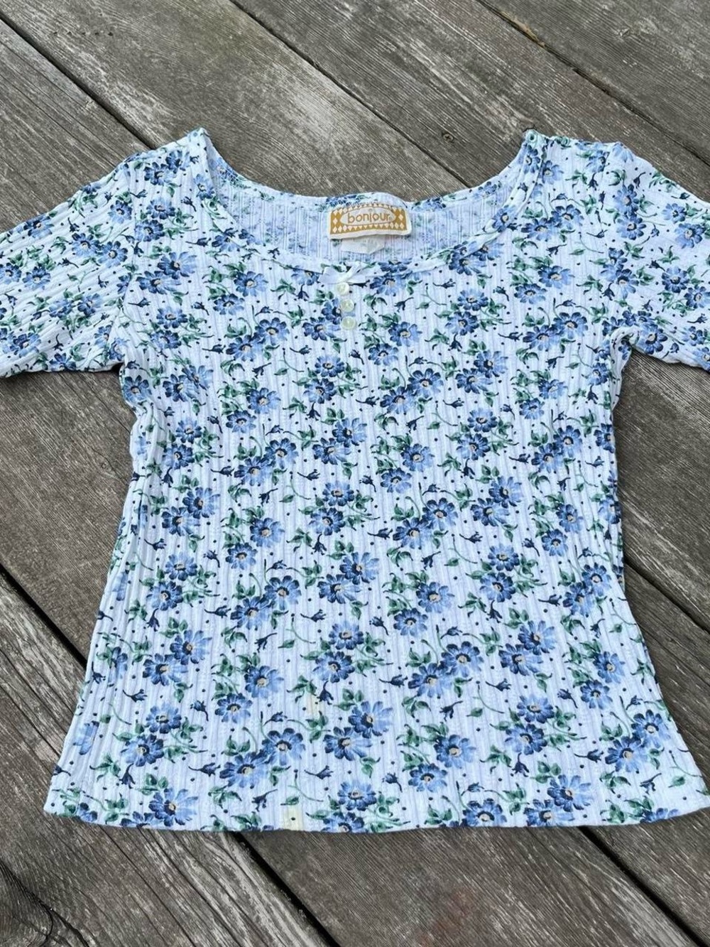 Bonjour white + blue floral ribbed vintage baby tee